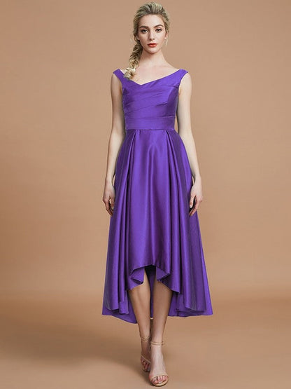 V-Neck Elegant Satin Asymmetrical Sleeveless Bridesmaid Dresses