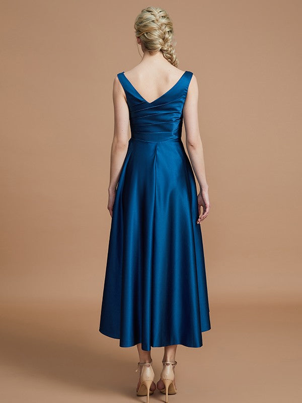 V-Neck Elegant Satin Asymmetrical Sleeveless Bridesmaid Dresses