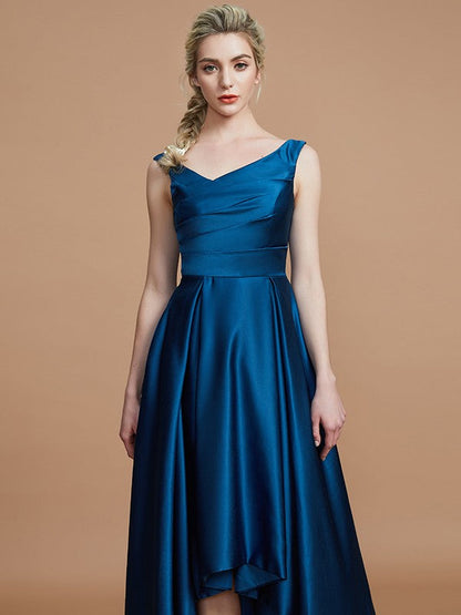 V-Neck Elegant Satin Asymmetrical Sleeveless Bridesmaid Dresses