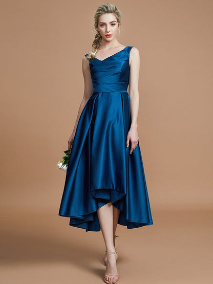 V-Neck Elegant Satin Asymmetrical Sleeveless Bridesmaid Dresses