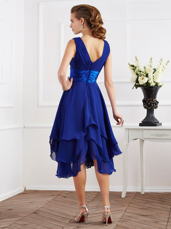 V-Neck Elegant Short Sleeves Pleats Short Chiffon Bridesmaid Dresses