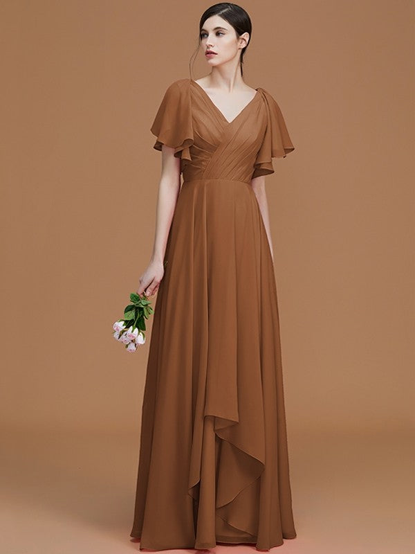 V-Neck Elegant Short Sleeves Ruched Chiffon Bridesmaid Dresses