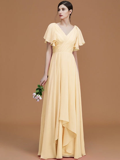 V-Neck Elegant Short Sleeves Ruched Chiffon Bridesmaid Dresses