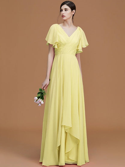 V-Neck Elegant Short Sleeves Ruched Chiffon Bridesmaid Dresses