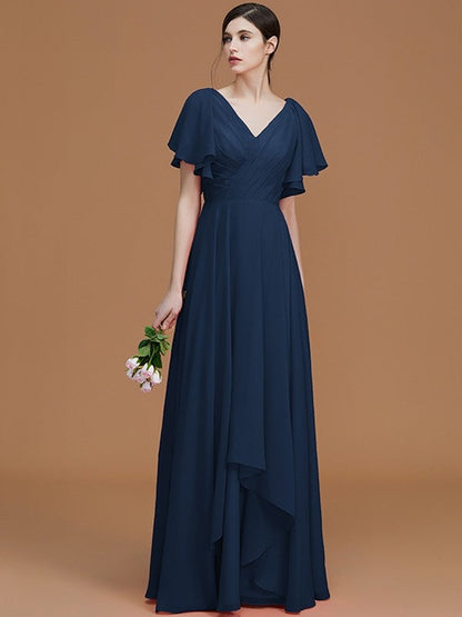 V-Neck Elegant Short Sleeves Ruched Chiffon Bridesmaid Dresses