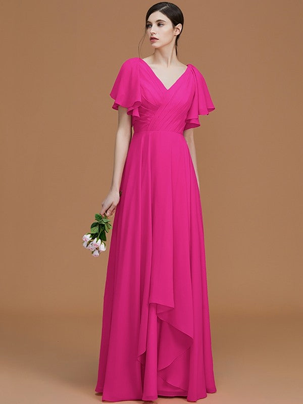 V-Neck Elegant Short Sleeves Ruched Chiffon Bridesmaid Dresses