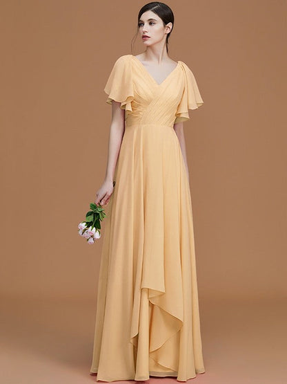 V-Neck Elegant Short Sleeves Ruched Chiffon Bridesmaid Dresses