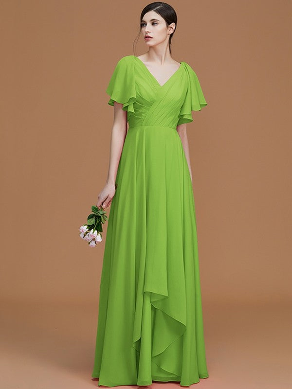 V-Neck Elegant Short Sleeves Ruched Chiffon Bridesmaid Dresses