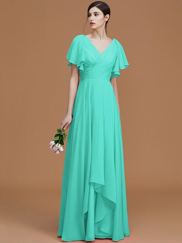 V-Neck Elegant Short Sleeves Ruched Chiffon Bridesmaid Dresses