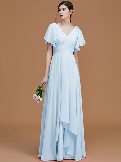 V-Neck Elegant Short Sleeves Ruched Chiffon Bridesmaid Dresses