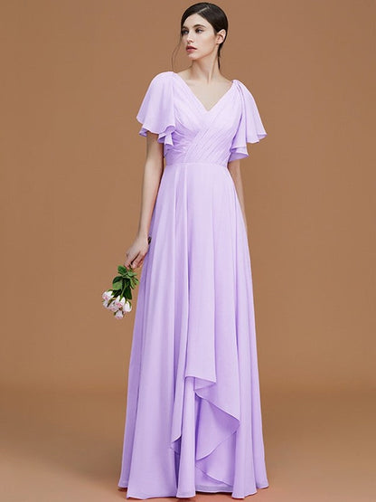 V-Neck Elegant Short Sleeves Ruched Chiffon Bridesmaid Dresses