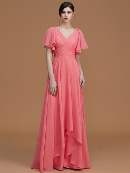 V-Neck Elegant Short Sleeves Ruched Chiffon Bridesmaid Dresses