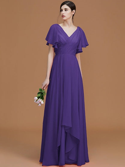 V-Neck Elegant Short Sleeves Ruched Chiffon Bridesmaid Dresses