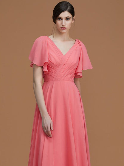 V-Neck Elegant Short Sleeves Ruched Chiffon Bridesmaid Dresses