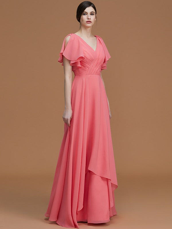 V-Neck Elegant Short Sleeves Ruched Chiffon Bridesmaid Dresses