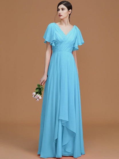 V-Neck Elegant Short Sleeves Ruched Chiffon Bridesmaid Dresses