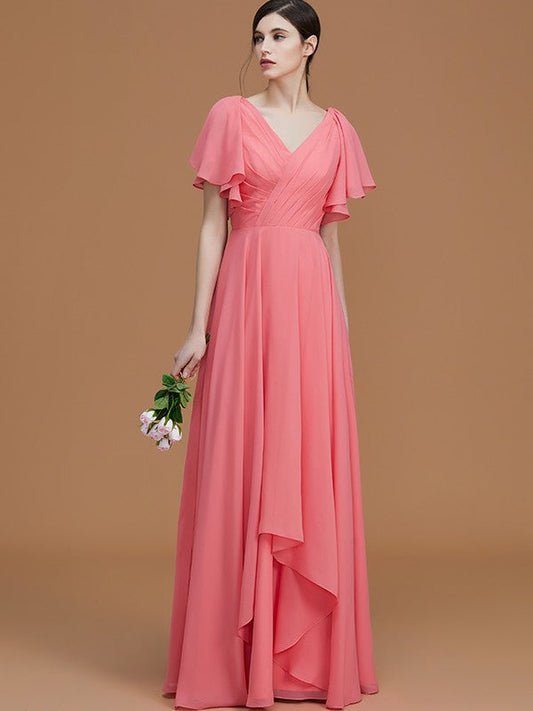 V-Neck Elegant Short Sleeves Ruched Chiffon Bridesmaid Dresses