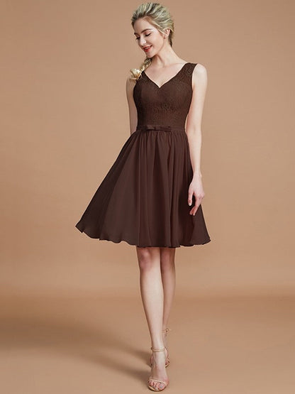 V-Neck Elegant Sleeveless Lace Short/Mini Chiffon Bridesmaid Dresses