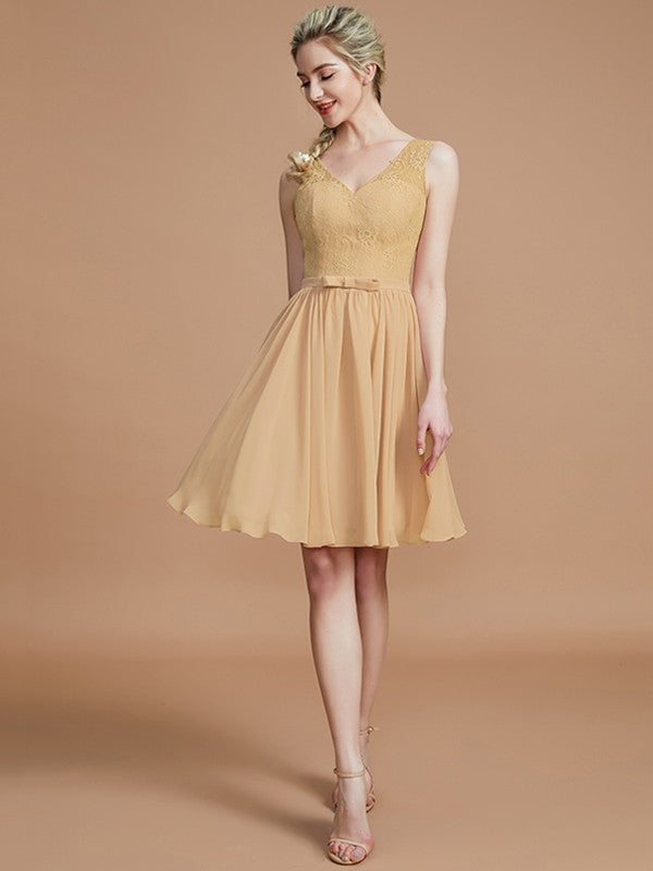 V-Neck Elegant Sleeveless Lace Short/Mini Chiffon Bridesmaid Dresses