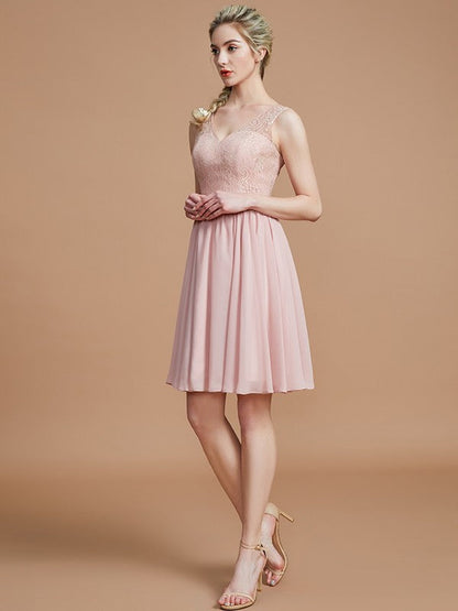 V-Neck Elegant Sleeveless Lace Short/Mini Chiffon Bridesmaid Dresses