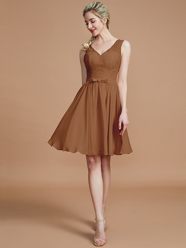 V-Neck Elegant Sleeveless Lace Short/Mini Chiffon Bridesmaid Dresses