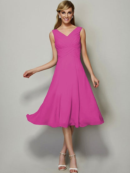 V-Neck Elegant Sleeveless Pleats Short Chiffon Bridesmaid Dresses