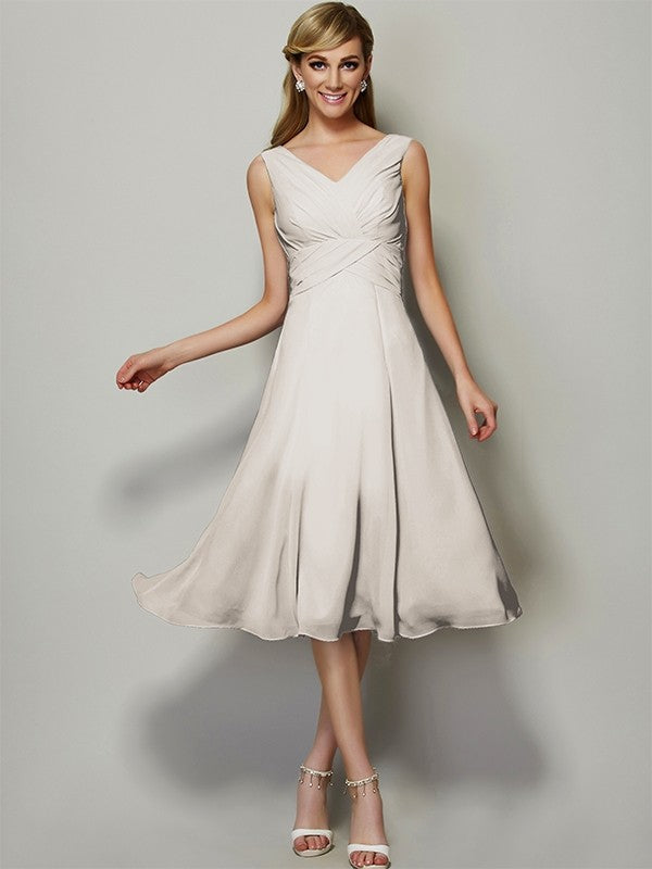 V-Neck Elegant Sleeveless Pleats Short Chiffon Bridesmaid Dresses