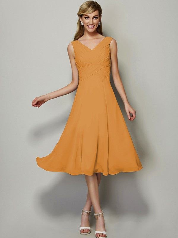 V-Neck Elegant Sleeveless Pleats Short Chiffon Bridesmaid Dresses