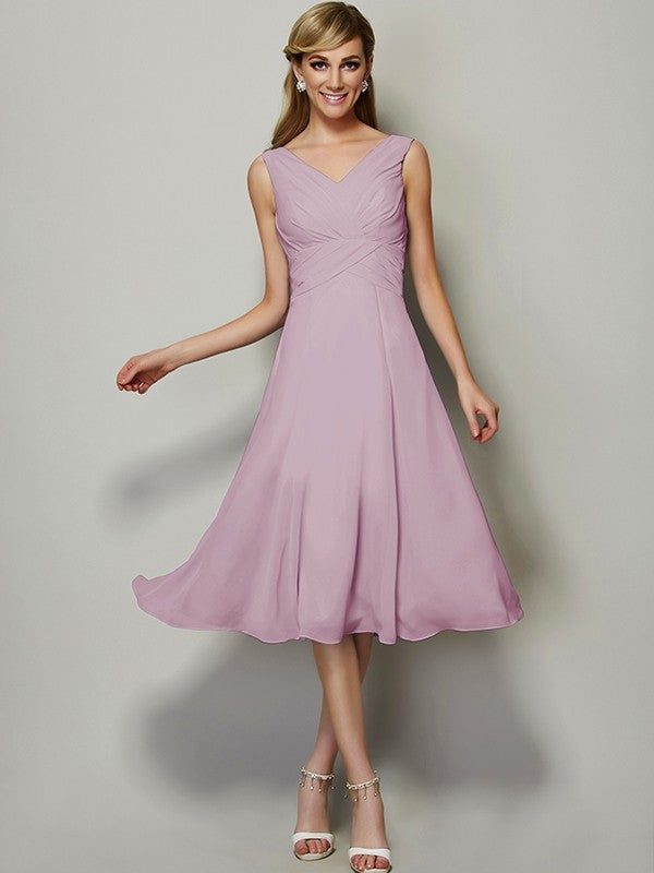 V-Neck Elegant Sleeveless Pleats Short Chiffon Bridesmaid Dresses