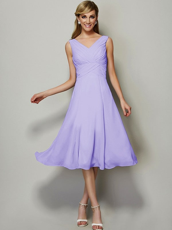 V-Neck Elegant Sleeveless Pleats Short Chiffon Bridesmaid Dresses