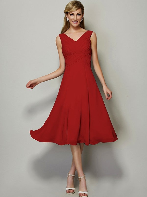 V-Neck Elegant Sleeveless Pleats Short Chiffon Bridesmaid Dresses