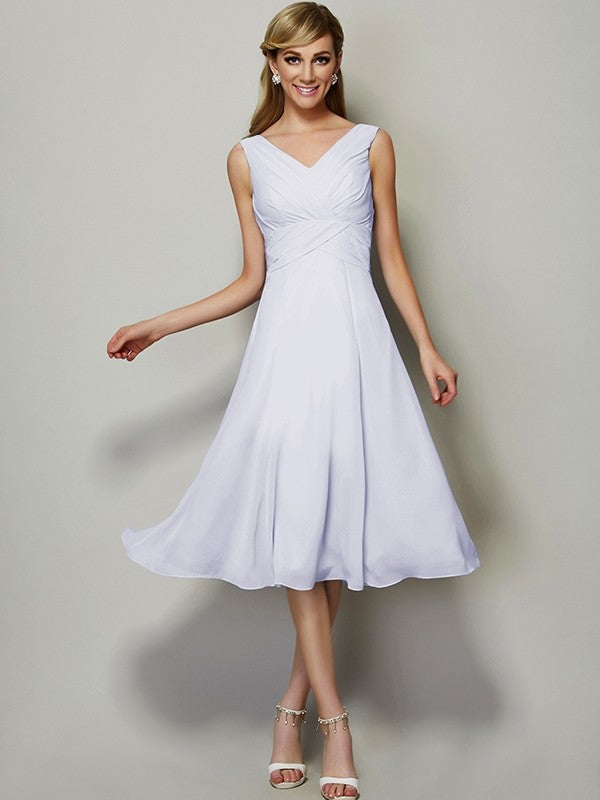 V-Neck Elegant Sleeveless Pleats Short Chiffon Bridesmaid Dresses