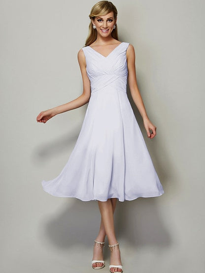 V-Neck Elegant Sleeveless Pleats Short Chiffon Bridesmaid Dresses