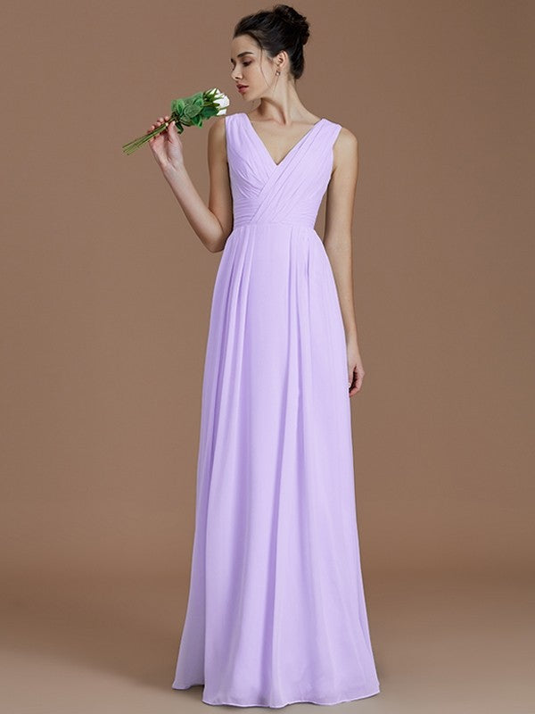 V-Neck Elegant Sleeveless Ruched Chiffon Bridesmaid Dresses