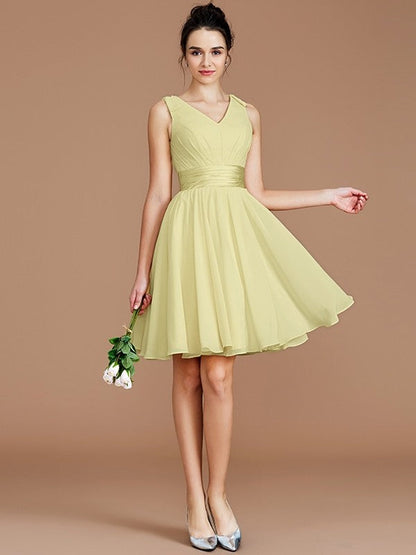 V-Neck Elegant Sleeveless Sash/Ribbon/Belt Short/Mini Chiffon Bridesmaid Dresses