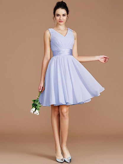 V-Neck Elegant Sleeveless Sash/Ribbon/Belt Short/Mini Chiffon Bridesmaid Dresses