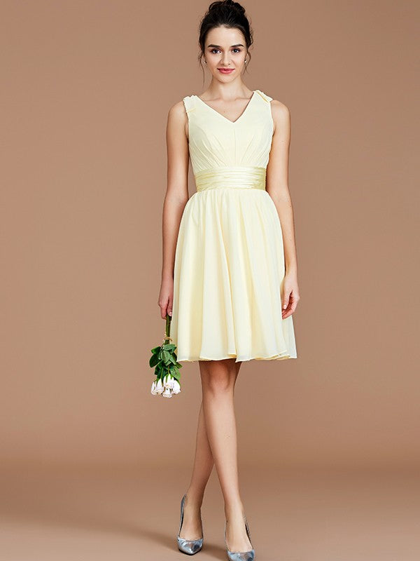 V-Neck Elegant Sleeveless Sash/Ribbon/Belt Short/Mini Chiffon Bridesmaid Dresses