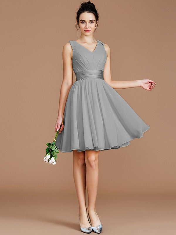 V-Neck Elegant Sleeveless Sash/Ribbon/Belt Short/Mini Chiffon Bridesmaid Dresses