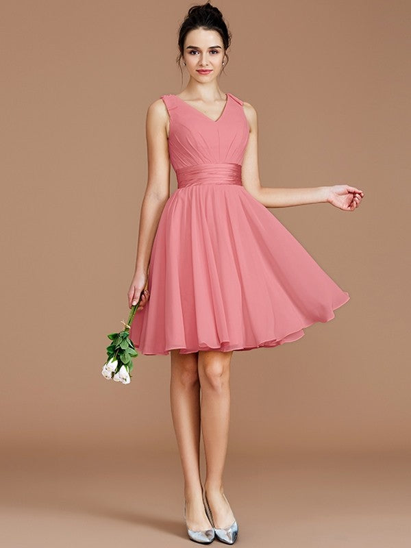 V-Neck Elegant Sleeveless Sash/Ribbon/Belt Short/Mini Chiffon Bridesmaid Dresses