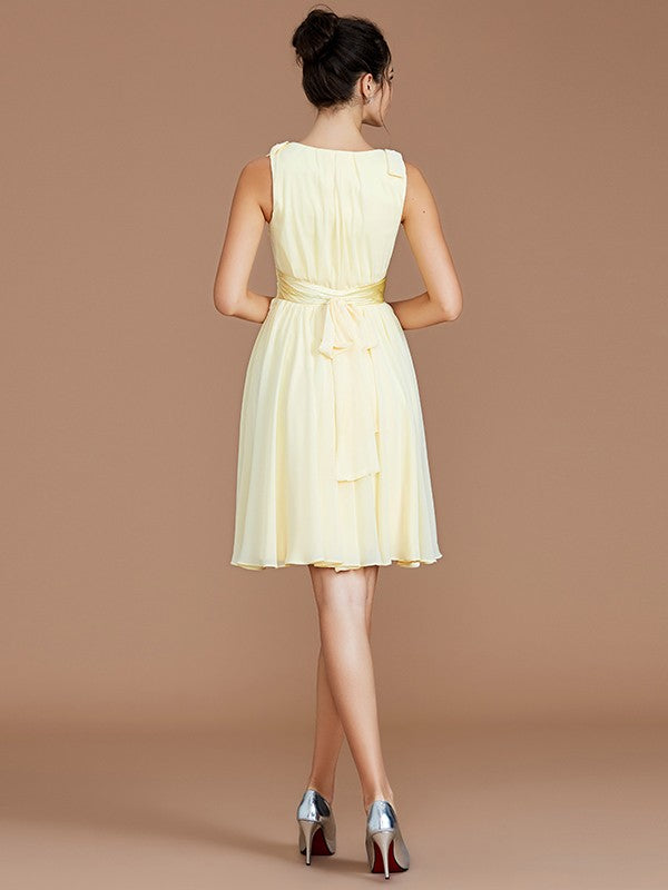 V-Neck Elegant Sleeveless Sash/Ribbon/Belt Short/Mini Chiffon Bridesmaid Dresses