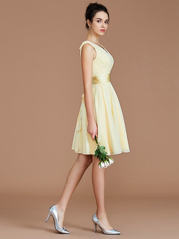 V-Neck Elegant Sleeveless Sash/Ribbon/Belt Short/Mini Chiffon Bridesmaid Dresses