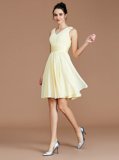 V-Neck Elegant Sleeveless Sash/Ribbon/Belt Short/Mini Chiffon Bridesmaid Dresses