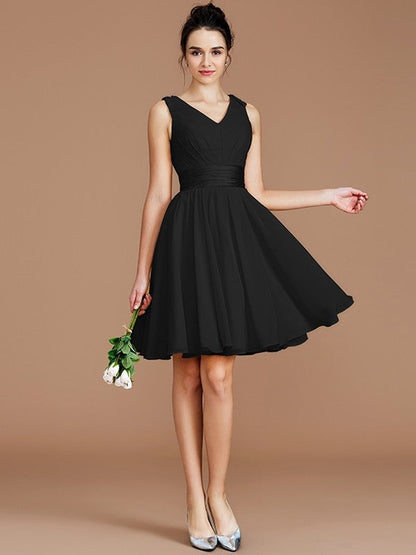 V-Neck Elegant Sleeveless Sash/Ribbon/Belt Short/Mini Chiffon Bridesmaid Dresses