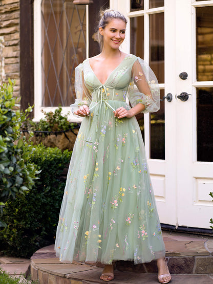 V-neck Embroidery Maxi Length Tulle Corset Floral Prom Dress