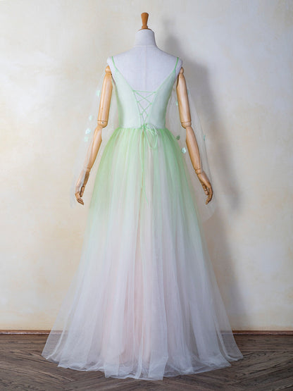 V-neck 3D Applique Floor Length Tulle Prom Dress