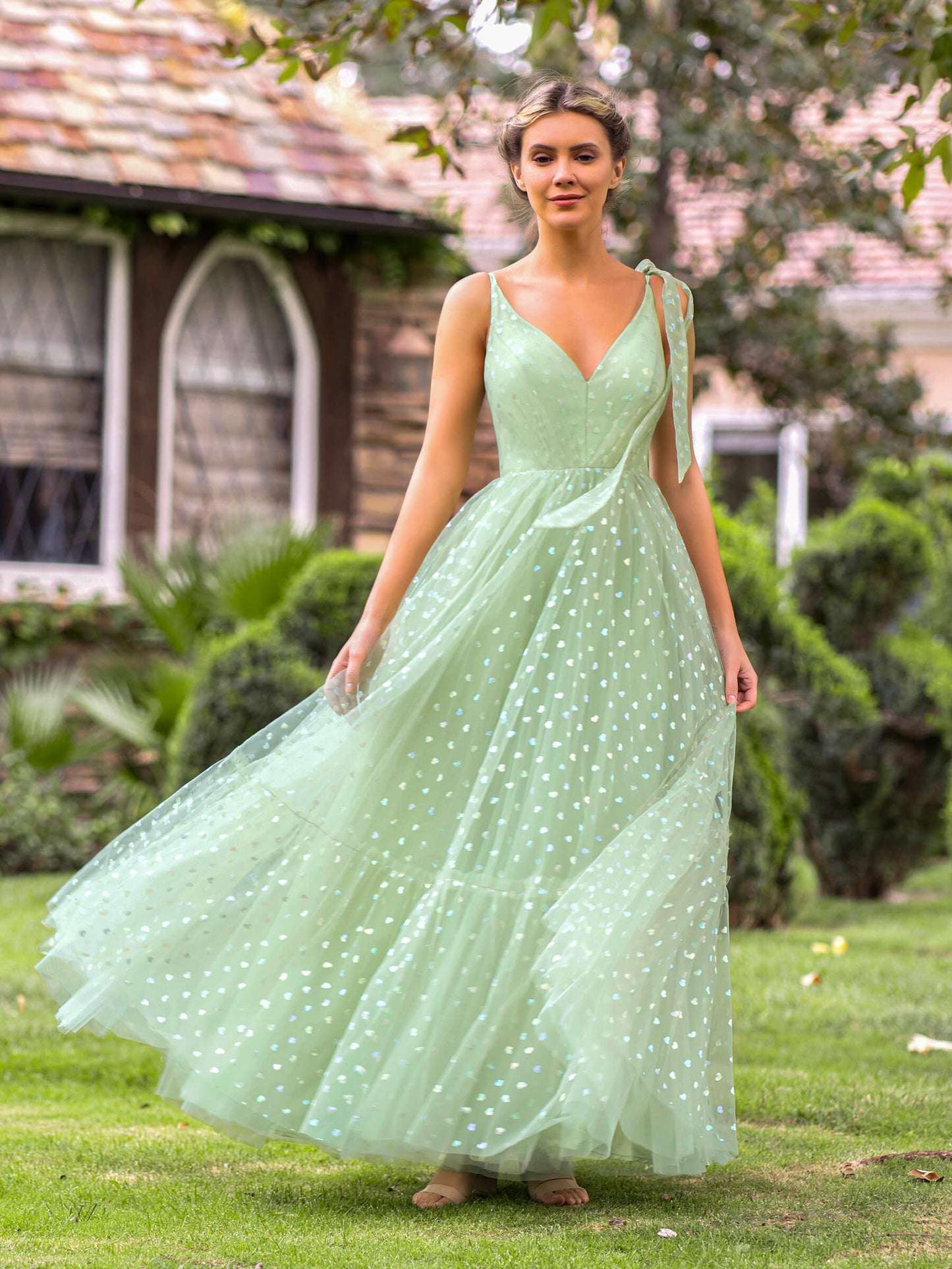 V-neck Dotted Floor Length Tulle Prom Dress