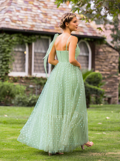 V-neck Dotted Floor Length Tulle Prom Dress