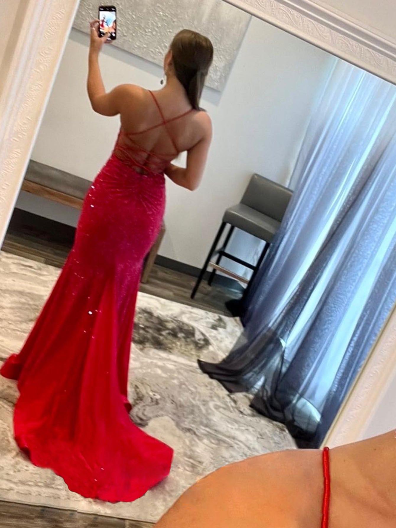 Malia |Mermaid V Neck Red Glitter Satin Prom Dress