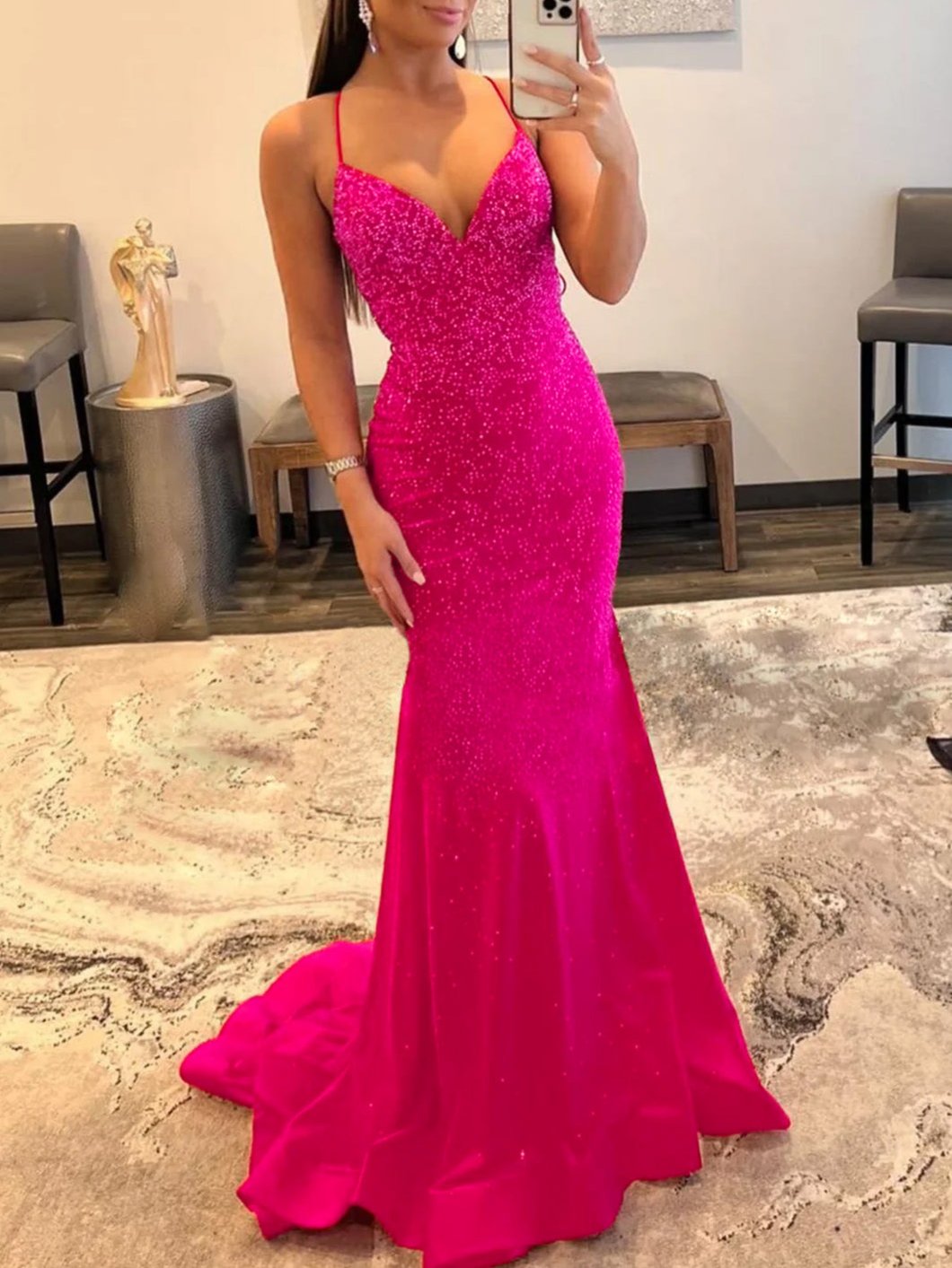 Malia |Mermaid V Neck Red Glitter Satin Prom Dress