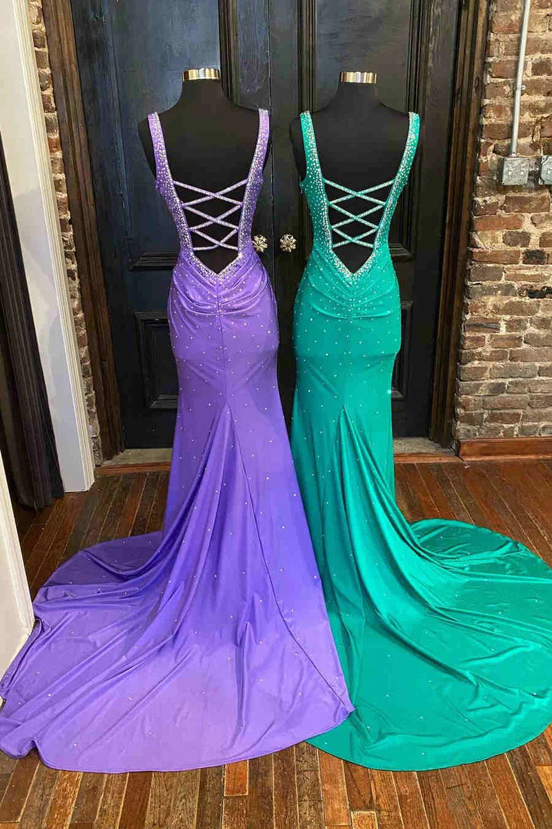 Elle |Mermaid V-Neck Beaded Satin Prom Dress with Cross Back